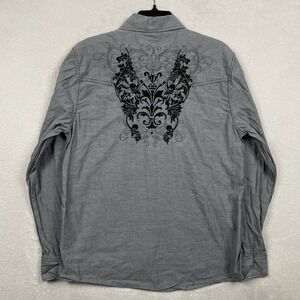 At Collins Shirt Mens Large Gray Affliction Style Embroidered Damask Y2K Button